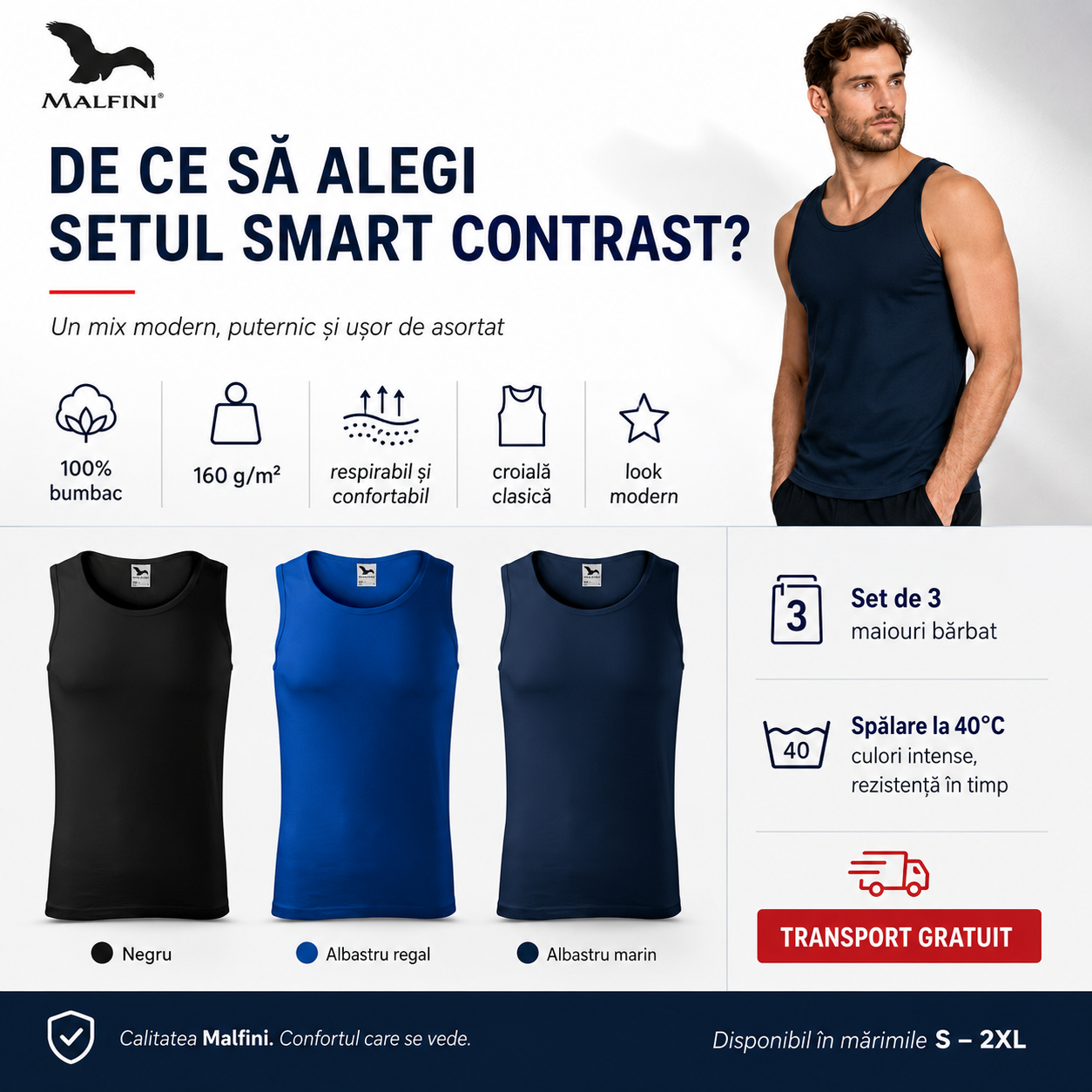 Set 3 maiouri bărbat Smart Contrast, negru, albastru regal și albastru marin, 100% bumbac, maieu sport, tricou fără m&acirc;neci